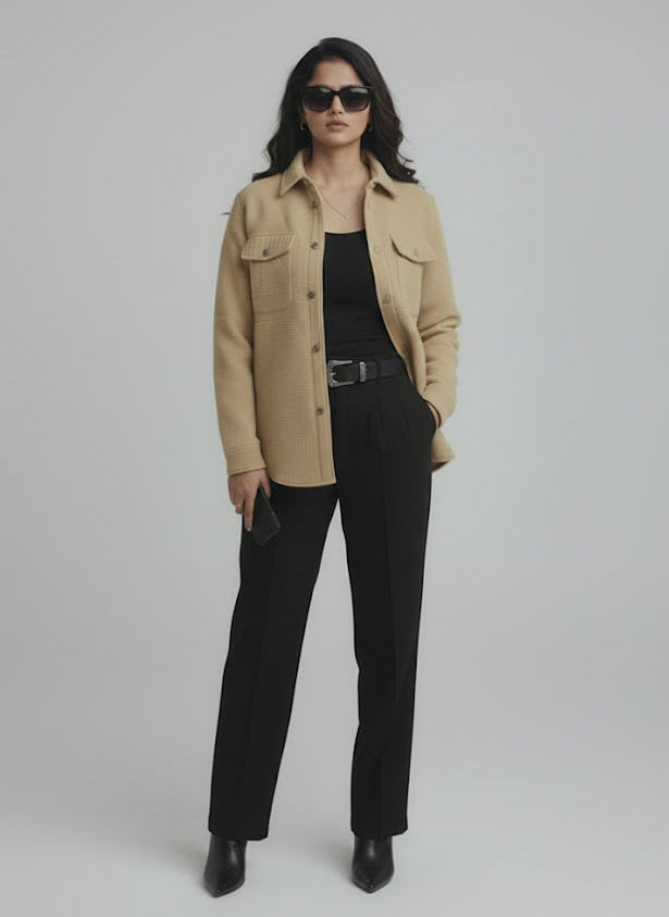 Textured Light Brown Knitted Jacquard Overshirt