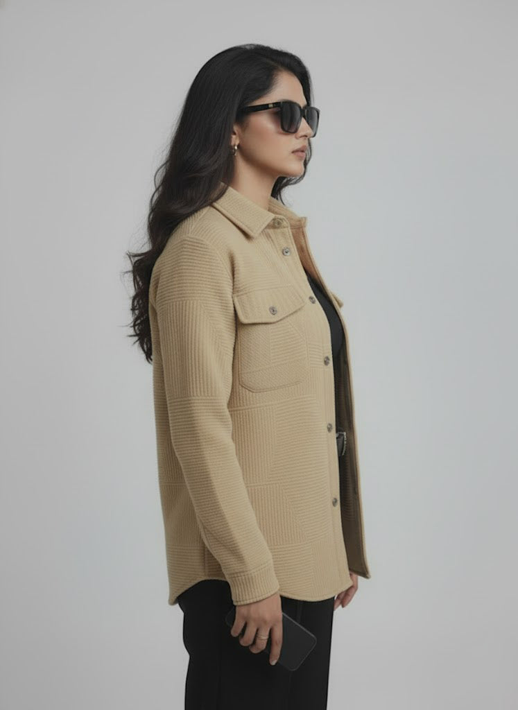 Textured Light Brown Knitted Jacquard Overshirt