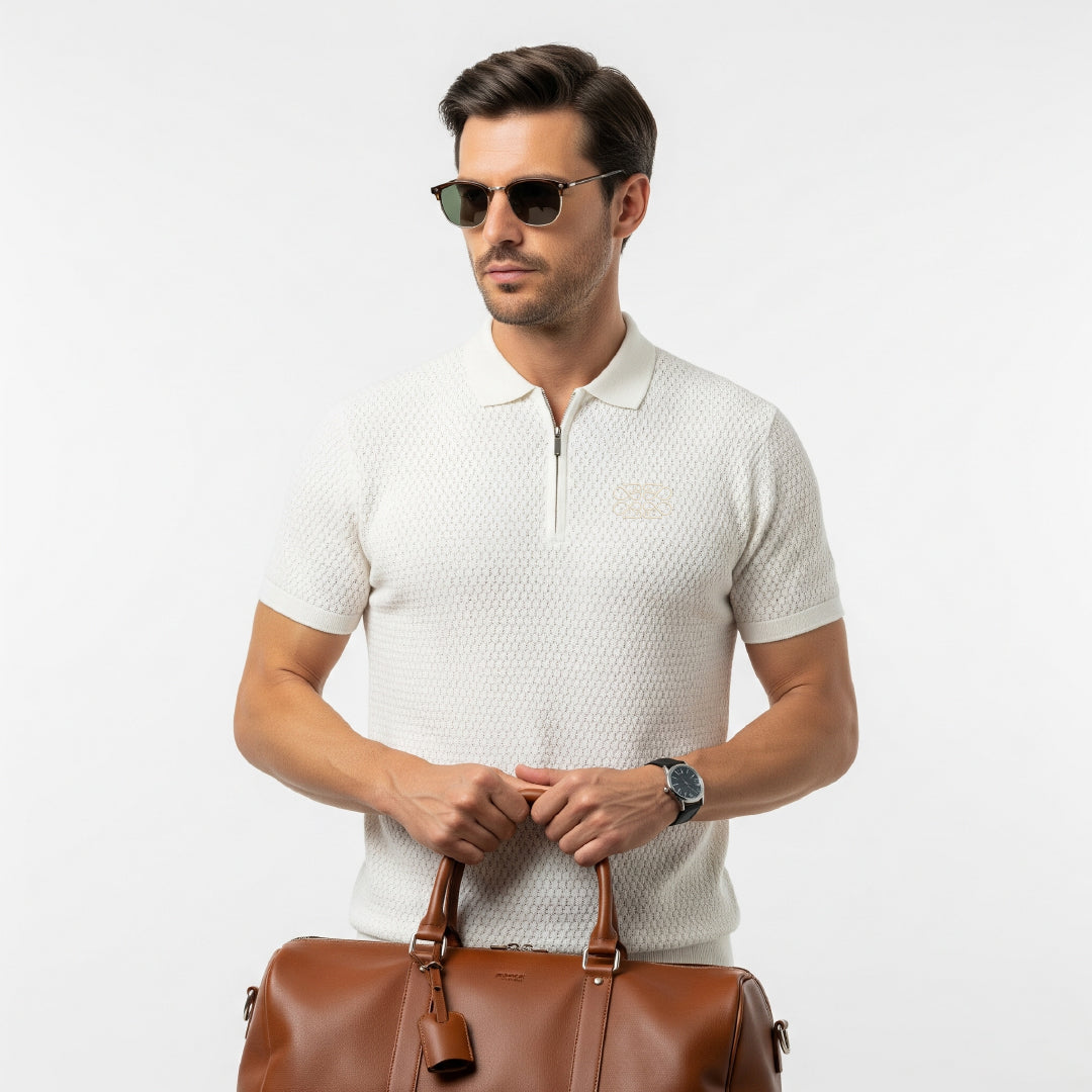 Popcorn Textured Antique White Zipper Polo