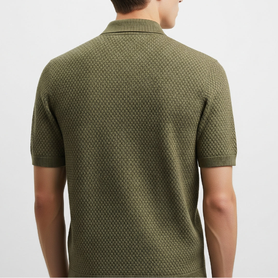 Popcorn Textured Olive Green Zipper Polo