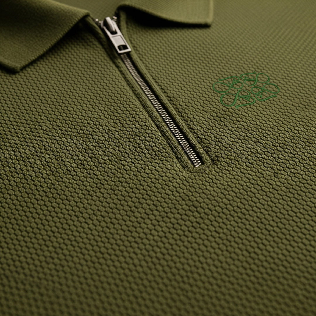 Popcorn Textured Olive Green Zipper Polo
