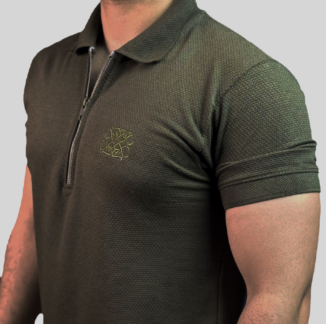 Popcorn Textured Olive Green Zipper Polo
