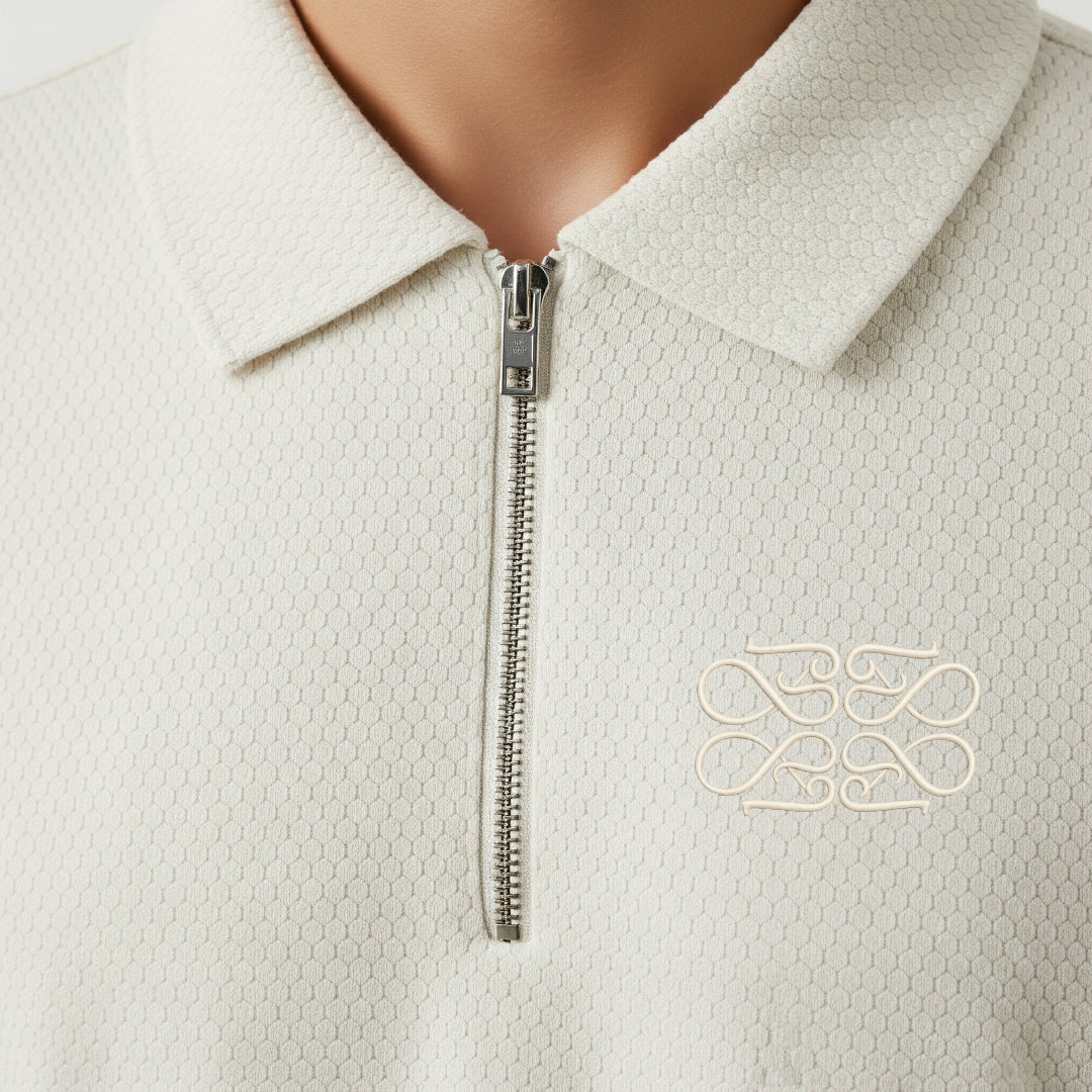 Popcorn Textured Antique White Zipper Polo
