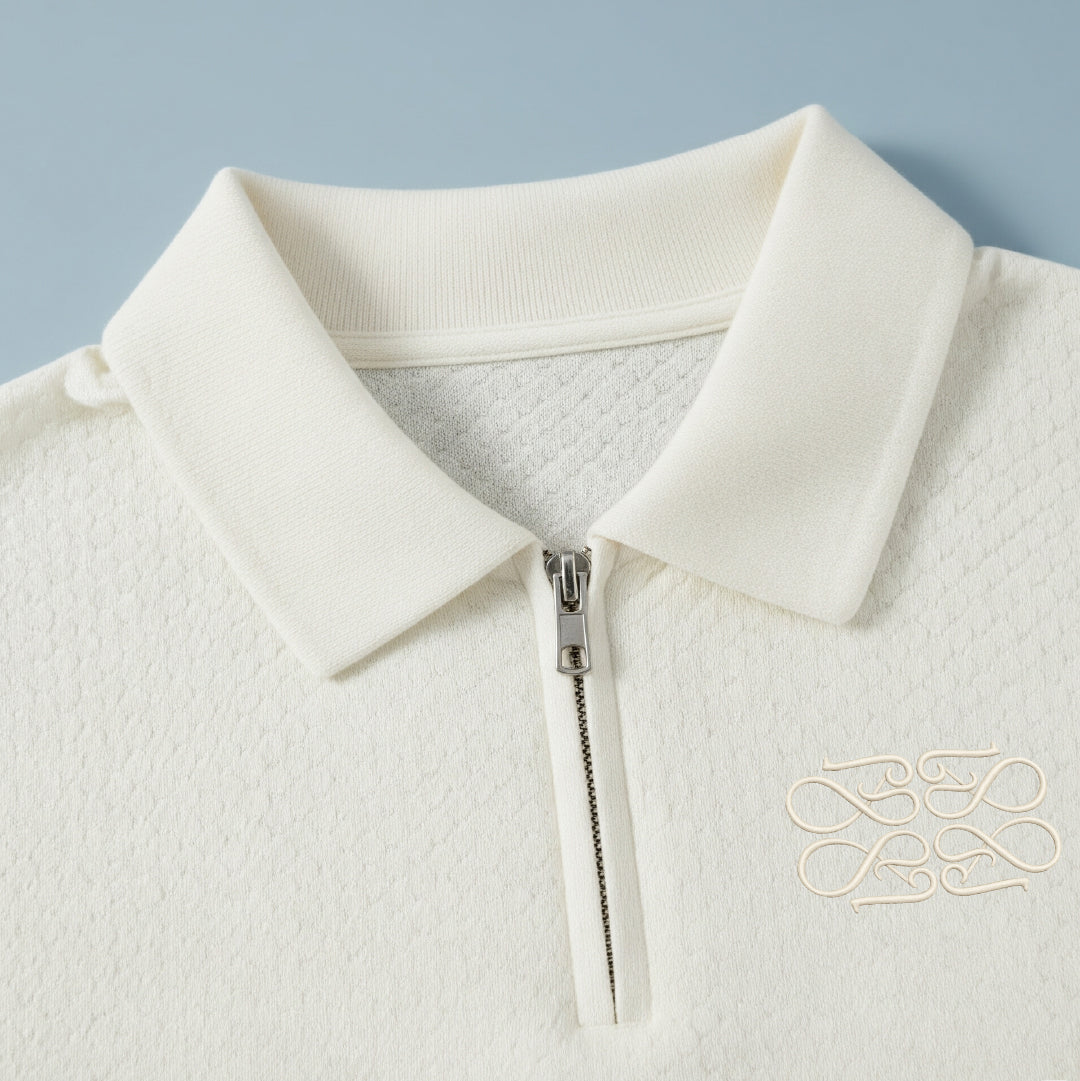 Popcorn Textured Antique White Zipper Polo