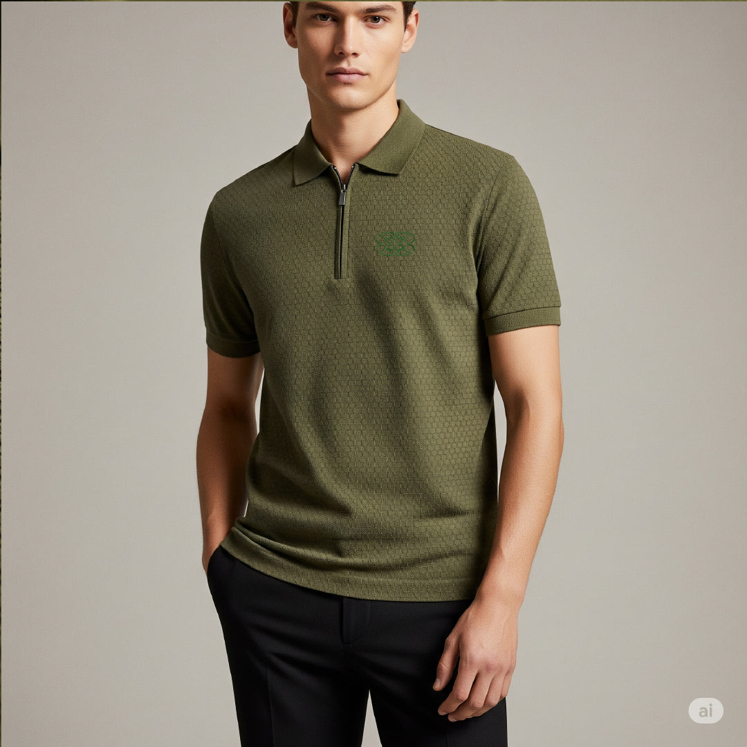 Popcorn Textured Olive Green Zipper Polo