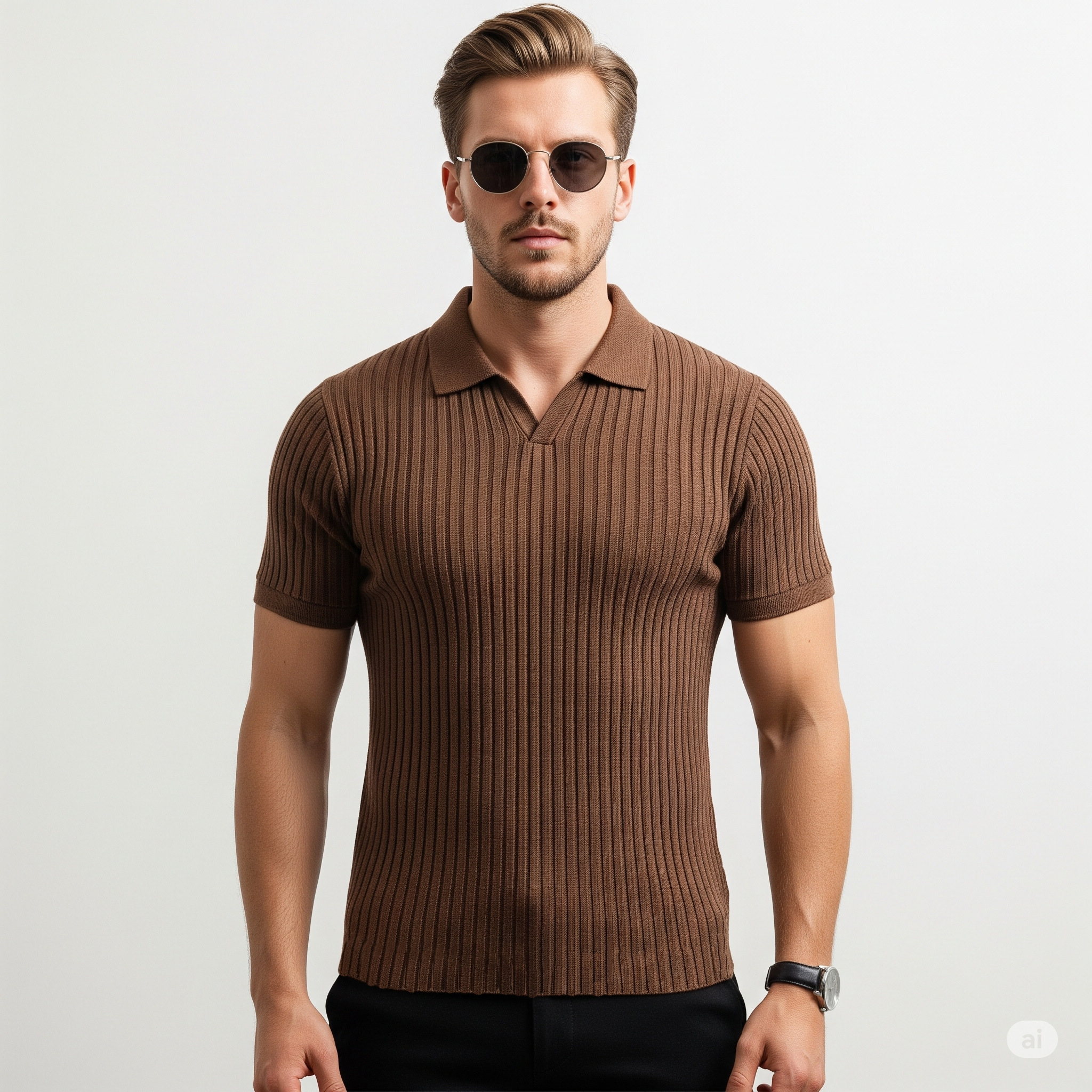Mocha Mousse Johny Collar Polo  Drop Needle Texture | Soft Stretch Cotton