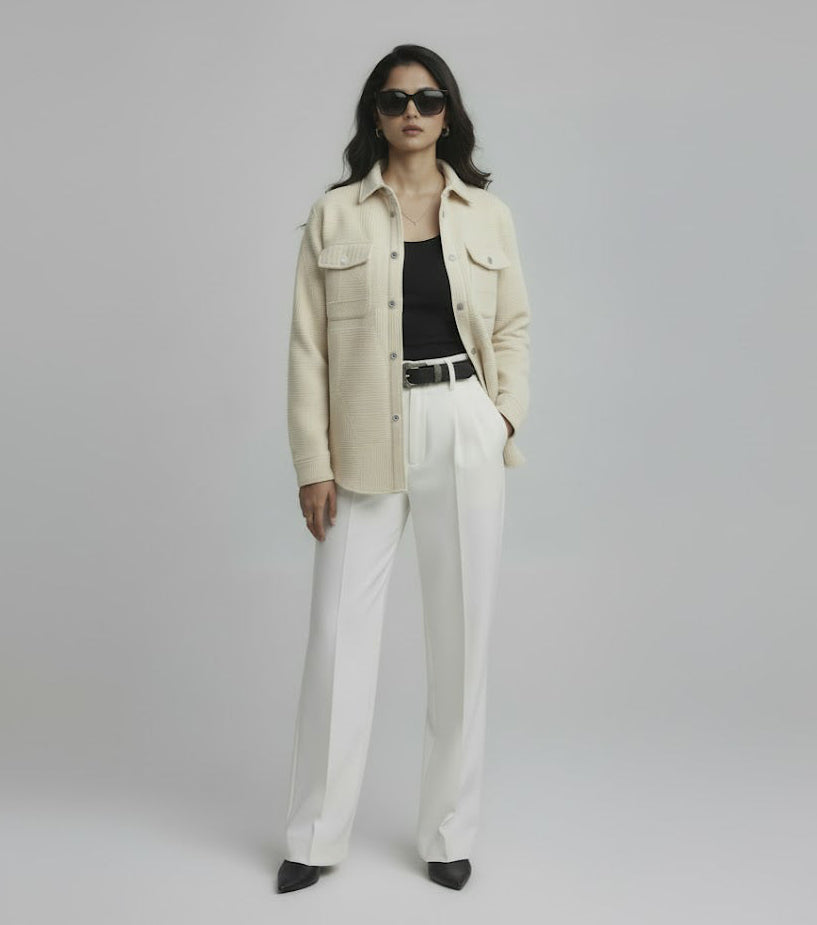 Textured Beige Knitted Jacquard Overshirt