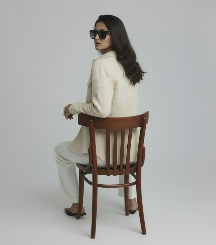 Textured Beige Knitted Jacquard Overshirt