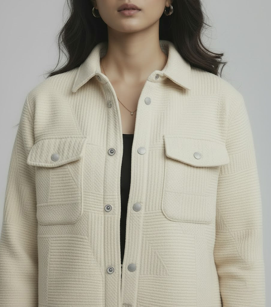 Textured Beige Knitted Jacquard Overshirt